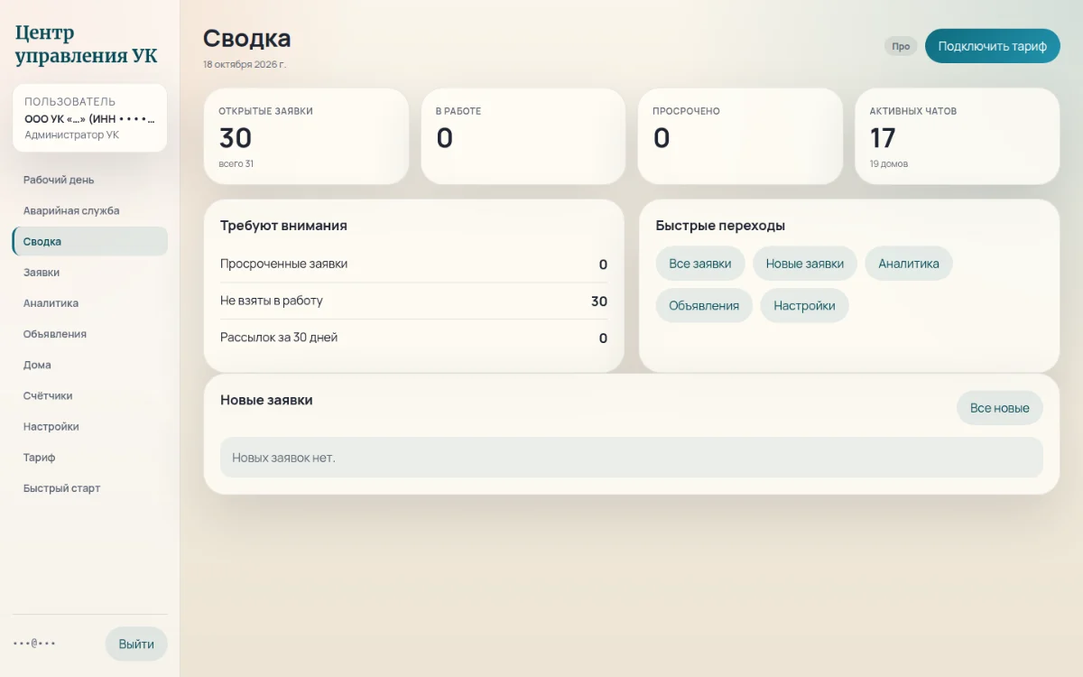 Сводка кабинета УК: открытые, просроченные и не взятые в работу заявки
